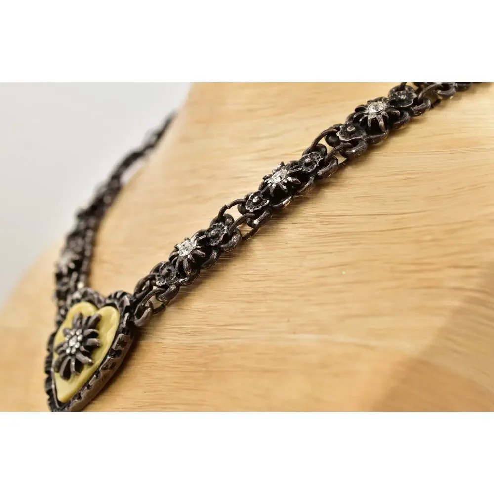 Vintage Heart Collar Necklace Chunky Crystal Linked Rustic Heavy 1990s BinBL